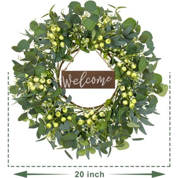 Green Wreaths for Front Door 20 Inch Artificial Eucalyptus Welcome Spring Wreath - Picture 3 of 6